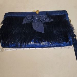 Brahmin Vintage Navy Clutch with feathers and leather flower embellishments, EUC